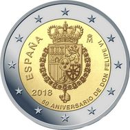  2 евро 2018 «50 лет со дня рождения короля Филиппа VI» Испания, фото 1 