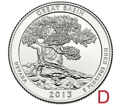  Монета 25 центов 2013 «Национальный парк Грейт-Бейсин» (18-й нац. парк США) D, фото 1 