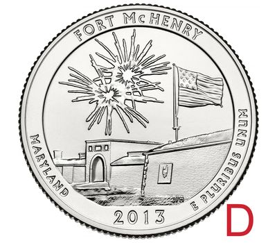  Монета 25 центов 2013 «Форт Мак-Генри» (19-й нац. парк США) D, фото 1 