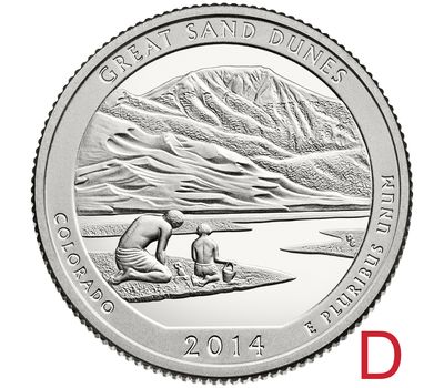  Монета 25 центов 2014 «Национальный парк Грейт-Санд-Дьюнс» (24-й нац. парк США) D, фото 1 