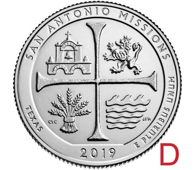  Монета 25 центов 2019 «Национальный исторический парк миссий Сан-Антонио» (49-й нац. парк США) D, фото 1 