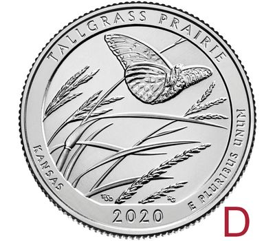  Монета 25 центов 2020 «Национальный заповедник Толлграсс-Прери» (55-й нац. парк США) D, фото 1 