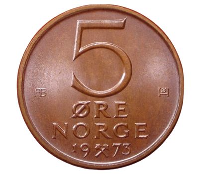  Монета 5 эре 1973 «Геральдический лев» Норвегия, фото 2 