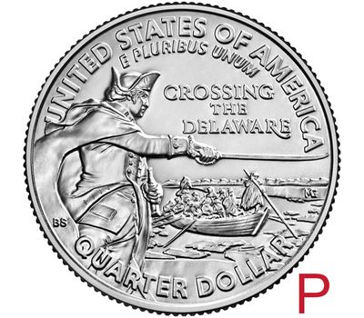  Монета 25 центов 2021 «Джордж Вашингтон пересекает реку Делавэр» США P, фото 1 