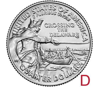  Монета 25 центов 2021 «Джордж Вашингтон пересекает реку Делавэр» США D, фото 1 