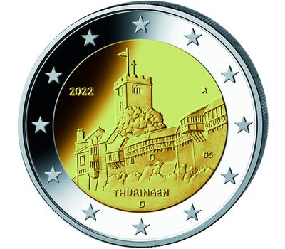  Монета 2 евро 2022 «Федеральная земля Тюрингия. Замок Вартбург» Германия, фото 1 